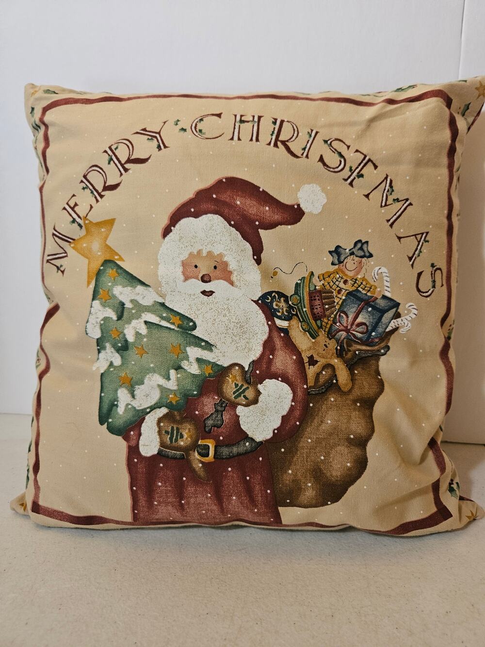 Vintage Handmade Merry Christmas Santa decorative throw pillow Primitive Country
